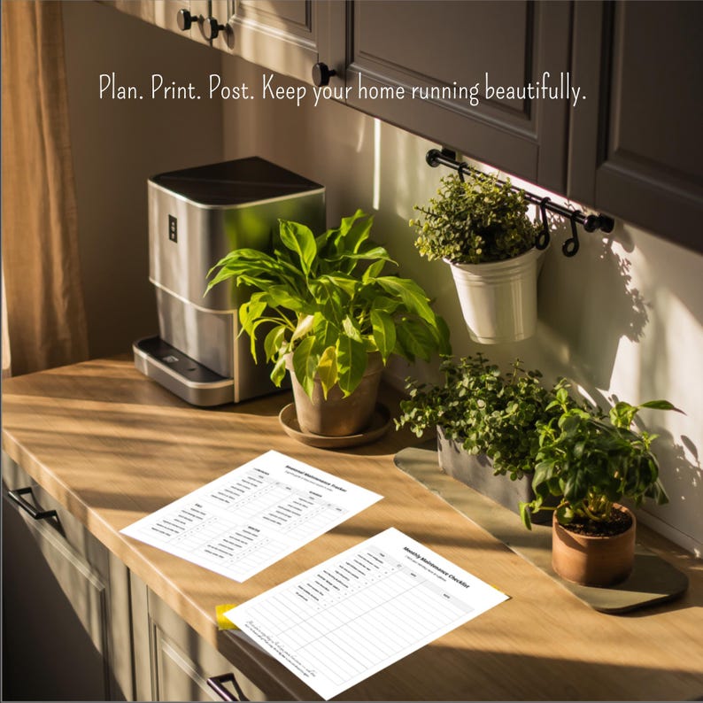 Printable home maintenance checklist sheets on cozy kitchen counter with plants and coffee machine, text reads “Plan. Print. Post. Keep your home running beautifully.