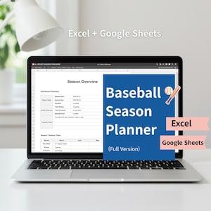 Könnte beinhalten: Ein Laptop mit einer Baseball-Saisonplaner-Vorlage. Der Bildschirm zeigt eine Saisonübersicht und einen Zeitplan. Der Text "Baseball Season Planner" ist prominent, mit den Labels "Excel" und "Google Sheets". Der Laptop ist auf einer weißen Oberfläche geöffnet.
