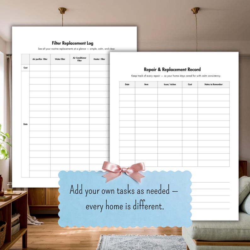 Monthly maintenance checklist printable sheet, add your own home care tasks, minimalist layout in natural light living room