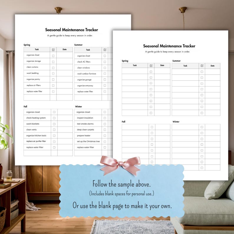 Seasonal Maintenance Tracker sample pages shown in warm home interior, printable home maintenance checklist with blank sections for customization