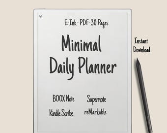 30-seitiger E-Ink Tagesplaner PDF für reMarkable, Supernote, Kindle Scribe und BOOX — Minimales Layout mit To-Do, Terminplaner und Reflexion