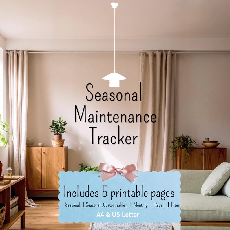 Seasonal Home Maintenance Tracker printable cover image in a cozy living room interior, includes 5 printable pages, minimal beige home aesthetic