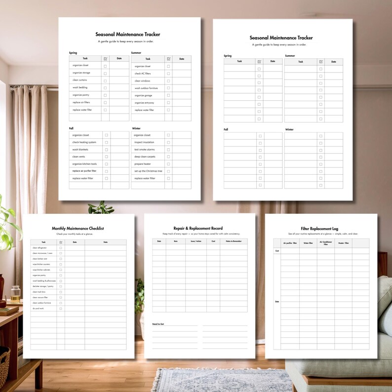 5 printable pages preview for Seasonal Home Maintenance Tracker PDF, including seasonal, customizable, monthly, repair, and filter checklist