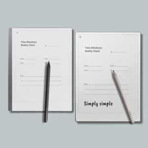 Minimalist E-Ink planner layout with clean lines and generous spacing, designed for ADHD users who prefer simple, low-stimulus digital paper