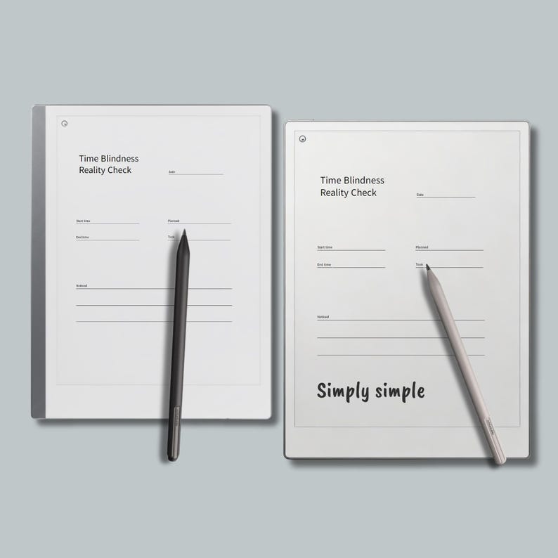 Minimalist E-Ink planner layout with clean lines and generous spacing, designed for ADHD users who prefer simple, low-stimulus digital paper