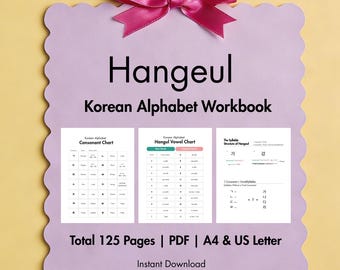Hangul-schrijfwerkboek van 125 pagina's | Koreaanse alfabetoefening voor beginners met medeklinkers, klinkers en batchim (pdf)
