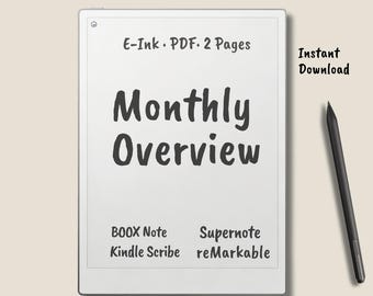 E-Ink Monthly Planner PDF for reMarkable & Supernote | Monthly Overview + To-Do | Hyperlinked Digital Planner for E-Ink Tablets