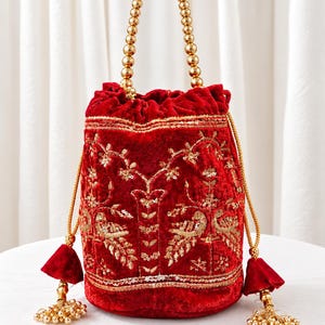 Handcrafted Red Velvet Potli Bag, Zardozi Embroidery, Gold Beaded Handle, Indian Wedding Accessory