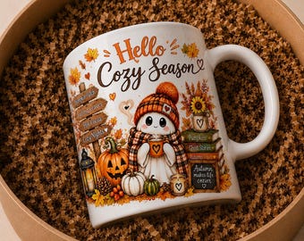 Halloween fall mug wrap png cozy ghost pumpkin leaves printable DIGITAL DOWNLOAD