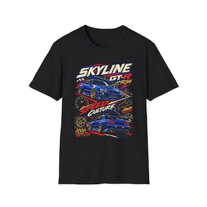 May include: A black short-sleeved t-shirt featuring a graphic print of a blue Nissan Skyline GT-R R34. The design includes the text SKYLINE GT-R R34 and SPEED CULTURE, along with illustrations of a speedometer, a car wheel, and checkered flag patterns.