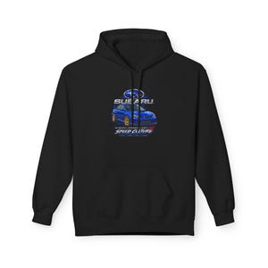 May include: A black hooded sweatshirt featuring a graphic print on the chest. The design displays a blue Subaru Impreza WRX car with gold wheels, the Subaru logo, and the text "SUBARU IMPREZA WRX" and "SPEED CULTURE" in white and red lettering.