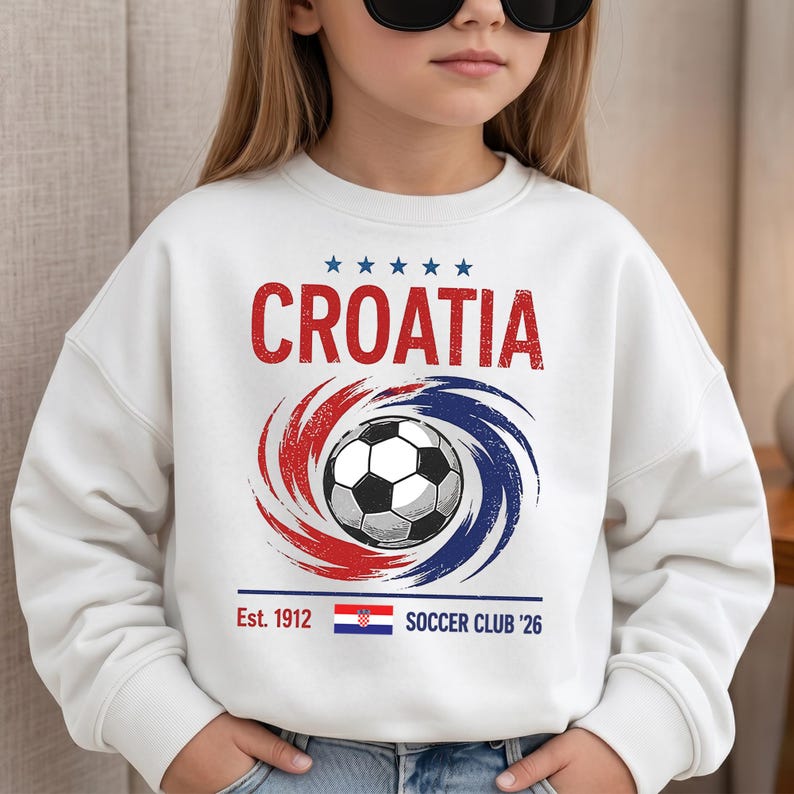 K&ouml;nnte beinhalten: Ein wei&szlig;es Langarm-Sweatshirt mit einem Grafikdruck, der das Wort CROATIA in Rot, f&uuml;nf blaue Sterne, einen zentralen Fu&szlig;ball und ein wirbelndes rot-blaues Design zeigt. Darunter steht Est. 1912, eine kroatische Flagge und SOCCER CLUB '26.