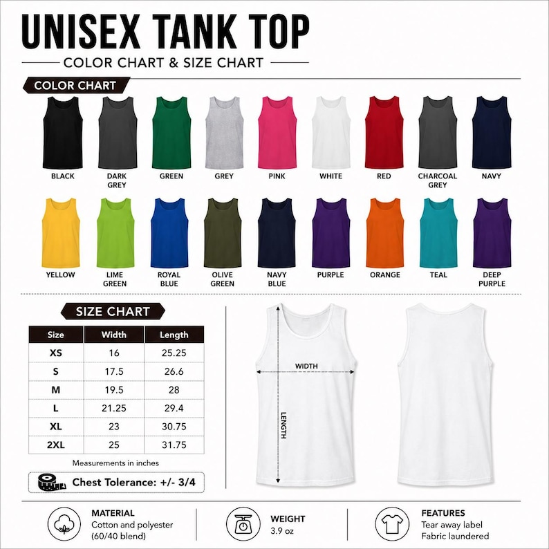 May include: A unisex tank top color and size chart featuring sixteen color swatches including black, grey, white, red, and blue. A size chart lists widths and lengths in inches from XS to 2XL. Includes a white tank top illustration with measurement lines.