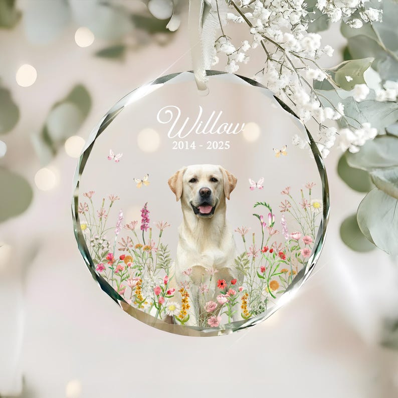 May include: A clear, faceted glass ornament with a Labrador Retriever portrait, surrounded by colorful wildflowers and butterflies. The ornament has the name "Willow" and dates "2014-2025" in elegant script, suspended by a white ribbon.