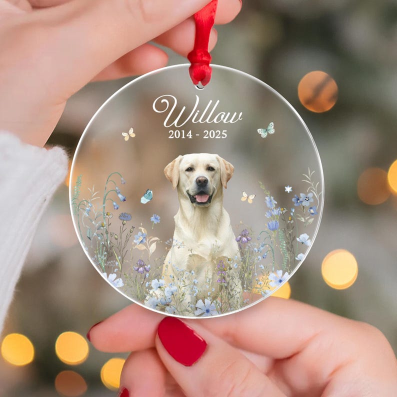 May include: A clear, round ornament with a red ribbon. The ornament features a smiling yellow Labrador Retriever in a field of flowers. The name "Willow" and the years "2014-2025" are written in elegant script.