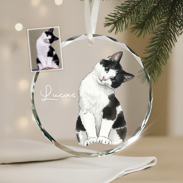 Personalised Cat Photo Christmas Baubles, Custom Watercolour Cat's First Christmas Keepsake, Combine Photos Pet Portrait Gift for Pet Lovers