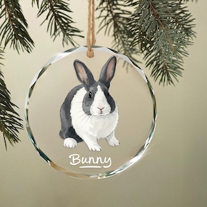 Puede incluir: Un adorno navideño redondo y transparente con una pintura de acuarela de un conejito blanco y negro. La palabra "Bunny" está escrita en cursiva en la parte inferior. El adorno cuelga de una cuerda de hilo natural.