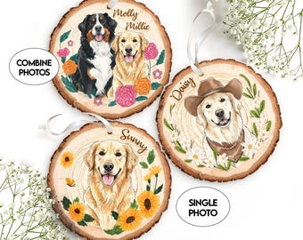 Personalised Pet Portrait Wooden Bauble, Custom Watercolour Pet Christmas Bauble, Floral Pet Christmas Decoration