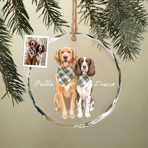 May include: A clear, round Christmas ornament with a photo of two dogs, a golden retriever and a springer spaniel, wearing plaid bandanas. The ornament has the names "Bella" and "Disco" written on it.