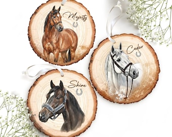 Personalised Horse Christmas Wood Bauble, Custom Watercolour Horse Portrait from Photo Baubles, Equestrian Christmas Gift for Horse Lover
