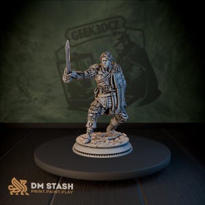 Può includere: Dettagliata miniatura grigia di un guerriero che tiene in alto una spada. La figura è su una base rotonda, in posa dinamica. Lo sfondo presenta un logo e il testo "GEEK3DCZ". La base ha il testo "DM STASH PRINT.PAINT.PLAY".
