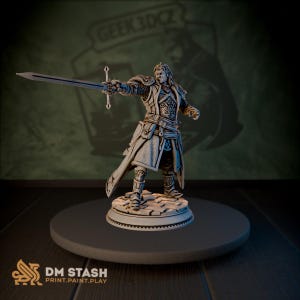 May include: A 3D-printed miniature of a knight in detailed armour, holding a sword. The figure stands on a circular base. The miniature is in a neutral colour, with the text "DM STASH PRINT.PAINT.PLAY" visible. The knight is posed as if in battle.