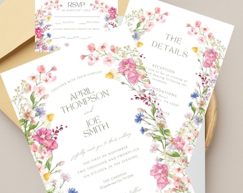 Wildflower Wedding Invite, Details Card & RSVP Card: Elegant Floral Spring Garden, Digital Download | Botanical Theme, Boho | Canva Editable