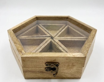 Handmade Hexagonal Wooden Spice Box with transparent Lid – 6 Compartment Multi-Purpose Organizer