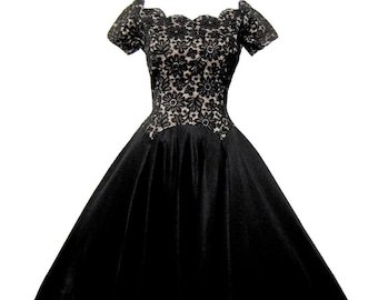 1950er Jahre Schwarzes Illusion Spitze Perlen Kleid