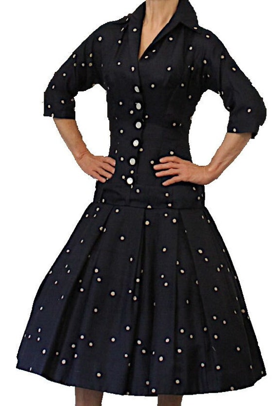 1950s Navy Blue Polka Dot Raw Silk Dress