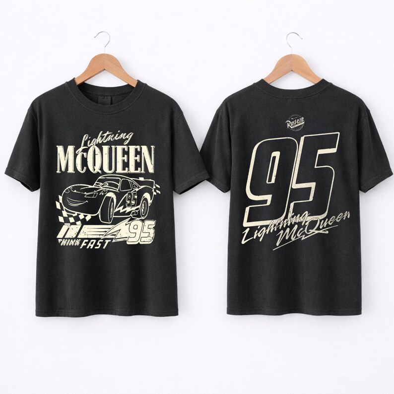 May include: Two black t-shirts with Lightning McQueen designs. The front of the shirt shows the character and text "Lightning McQueen", "Think Fast", and "95". The back of the shirt has the number "95" and "Lightning McQueen" text.