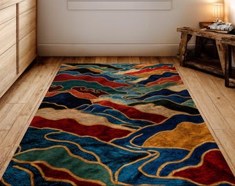 Colorful Abstract Wave Rug, Modern Art Washable Rug, Multicolor Area Rug, Vibrant Pattern Living Room Rug, Contemporary Home Decor