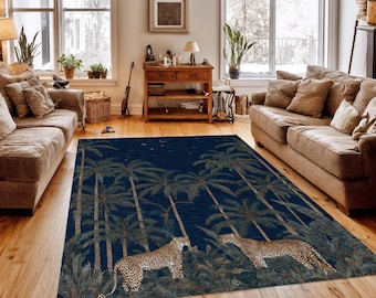 Jungle Night Rug - Washable Digital Rug With Leopards And Palm Trees, Dark Blue Tropical Wildlife Design