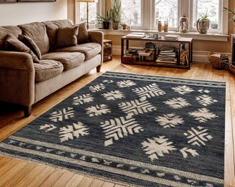 Boho Black Beige Rug, Tribal Pattern Washable Rug, Vintage Style Area Rug, Ethnic Geometric Rug, Living Room Bohemian Decor