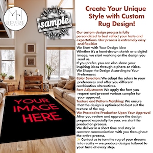May include: A black custom rug with the text "YOUR IMAGE HERE" in red. The rug is in a living room setting with a sofa, windows, and text that says "Create Your Unique Style with Custom Rug Design!"