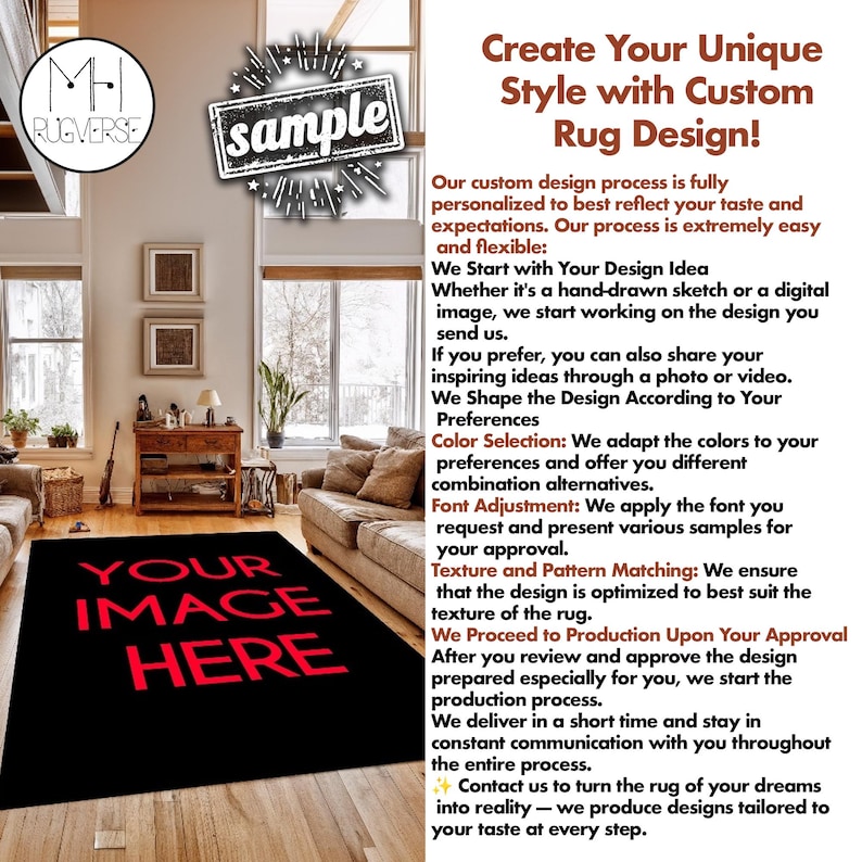 May include: A black custom rug with the text "YOUR IMAGE HERE" in red. The rug is in a living room setting with a sofa, windows, and text that says "Create Your Unique Style with Custom Rug Design!"
