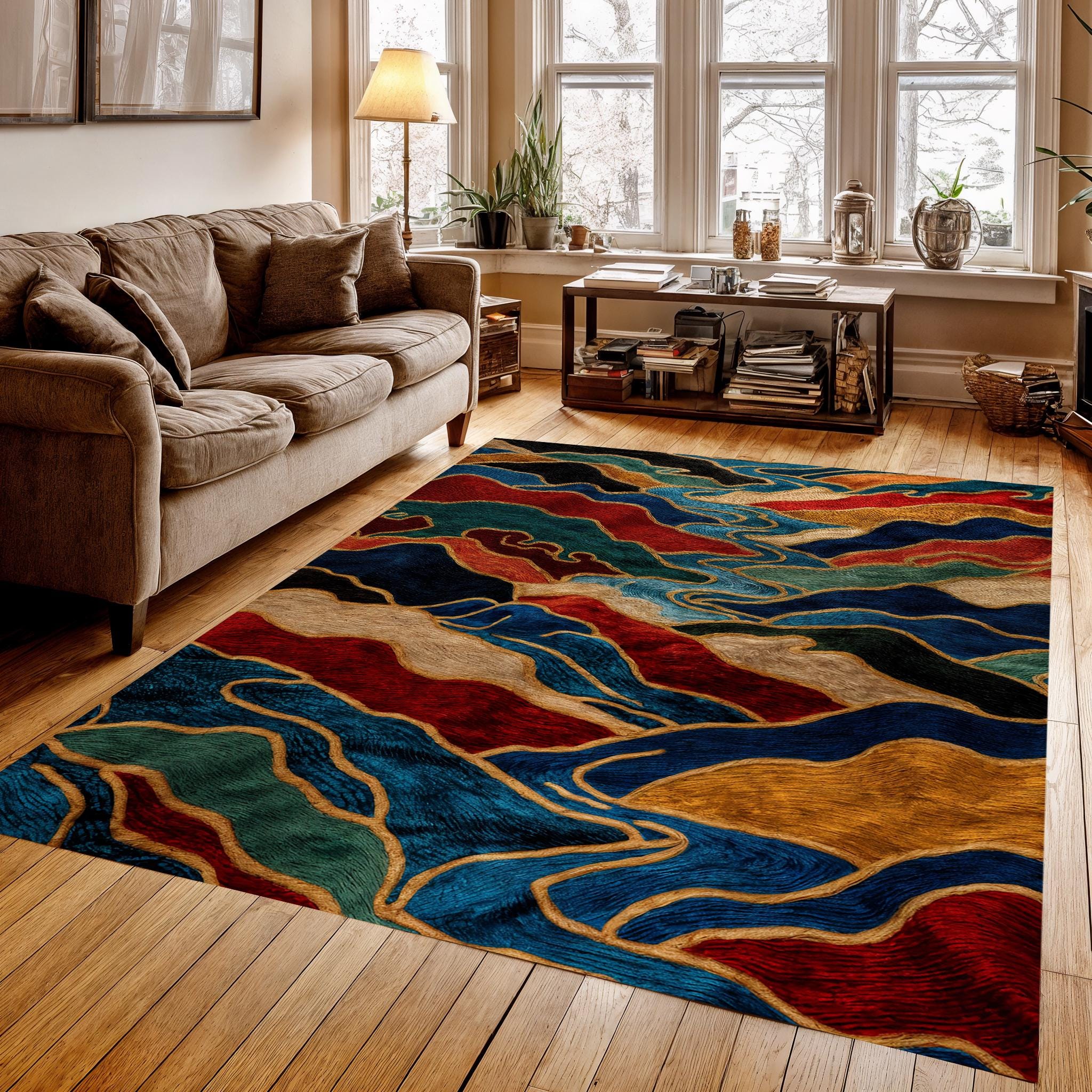 Colorful Abstract Wave Rug, Modern Art Washable Rug, Multicolor Area ...