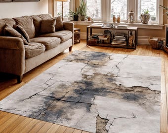 Abstract Gray Beige Rug, Modern Washable Rug, Minimalist Neutral Area Rug, Contemporary Living Room Rug, Textured Design Home Decor