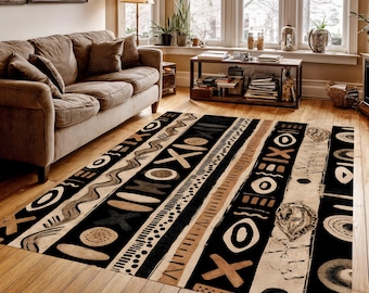 African Tribal Pattern Rug, Black Beige Boho Washable Rug, Ethnic Mudcloth Style Area Rug, Geometric Abstract Rug, Bohemian Living Room Rug