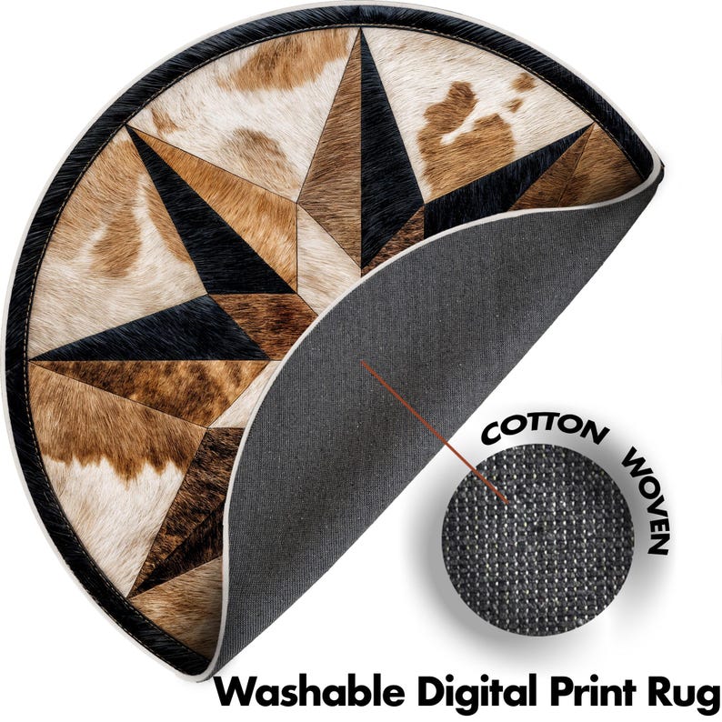 Star Design Round Rug, Geometric Cowhide Style Rug, Boho Rustic Rug ...
