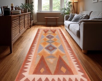 Geometric Runner Rug: Orange Beige Modern Kilim Style (Digital Print)