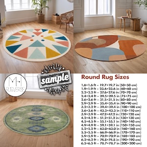 May include: Several round rugs are displayed, showcasing diverse patterns and colours. One rug has a geometric design with teal, coral, and yellow triangles. Another features abstract shapes in brown, orange, and blue. A size chart is included.