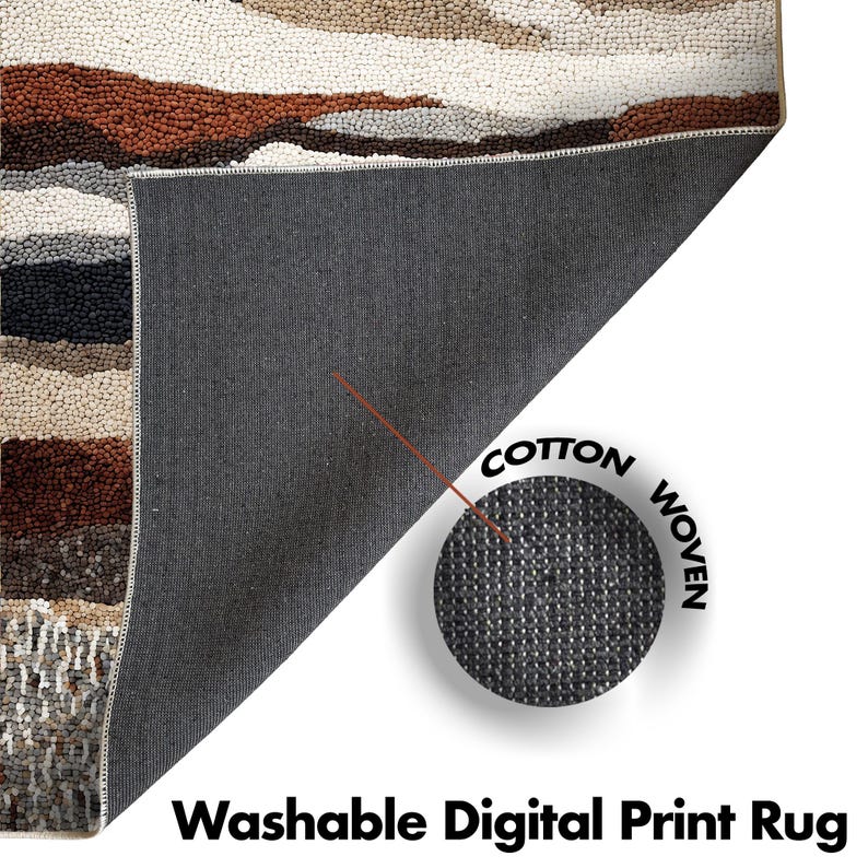 May include: A rectangular rug with a landscape design in shades of brown, beige, gray, and white. The rug's underside is gray, with a close-up showing a cotton woven texture. The text "Washable Digital Print Rug" is at the bottom.