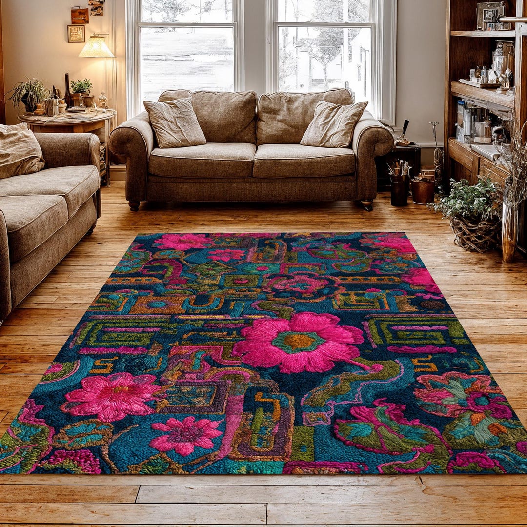 Colorful Floral Vintage Rug, Blue Pink Boho Washable Rug, Vibrant ...