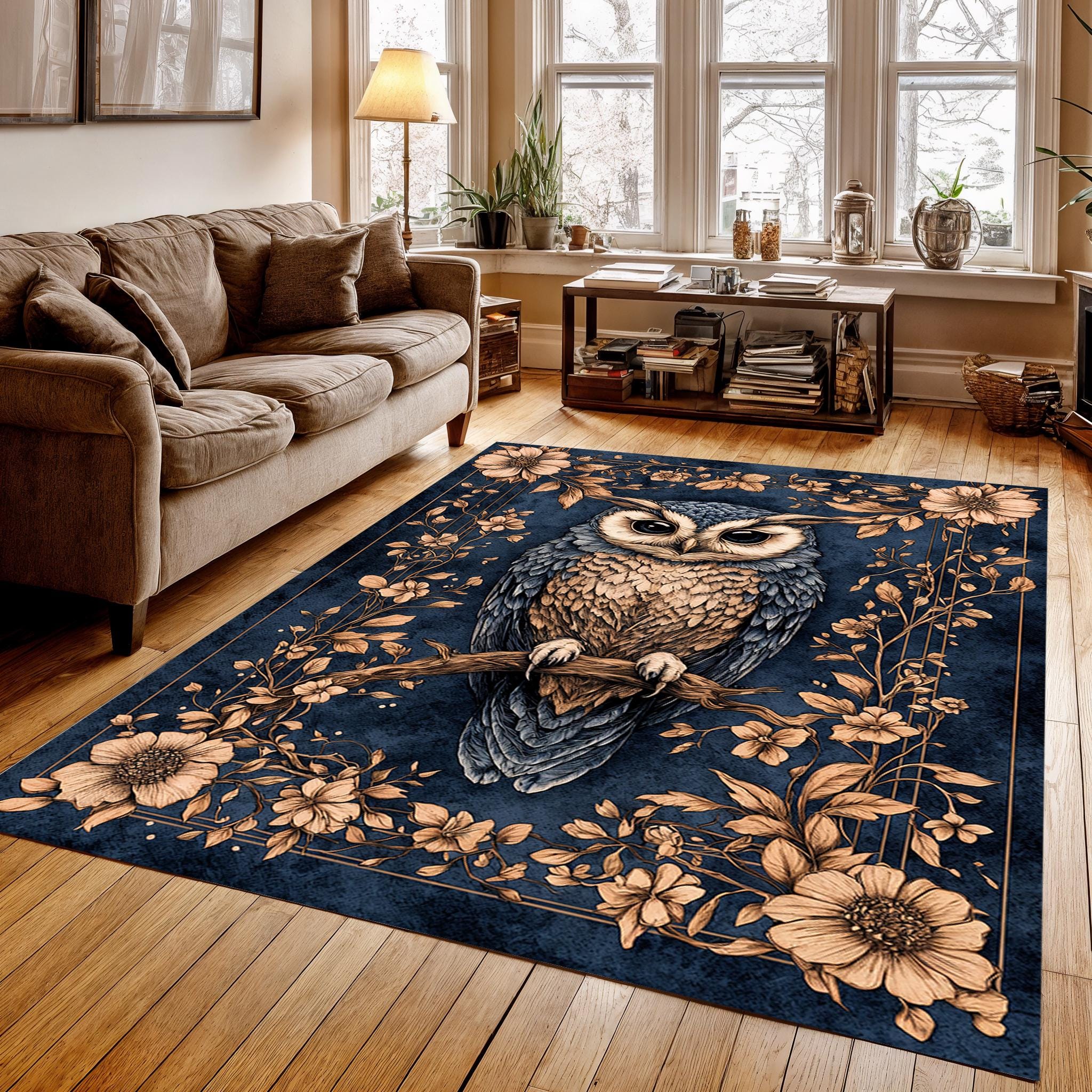 Owl Floral Rug, Vintage Boho Owl Carpet, Mystical Blue Nature Rug, Forest Animal Area Rug, Digital P