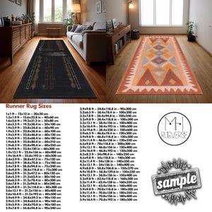 May include: Two runner rugs are shown, one black with a geometric design and the other orange with a geometric pattern. The rugs are shown in a living room setting, with size options listed in cm and feet.