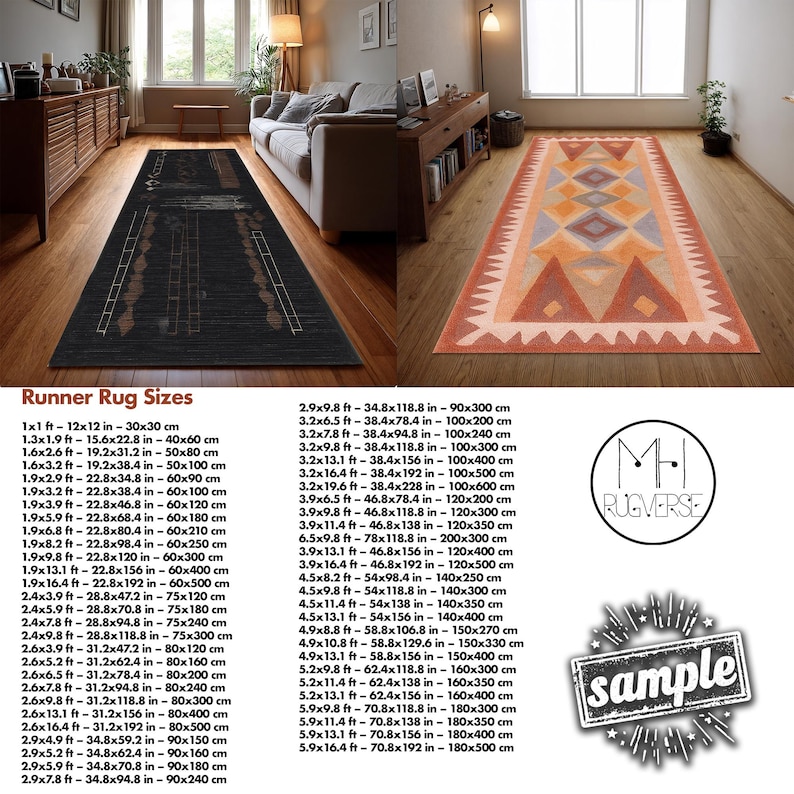 May include: Two runner rugs are shown, one black with a geometric design and the other orange with a geometric pattern. The rugs are shown in a living room setting, with size options listed in cm and feet.