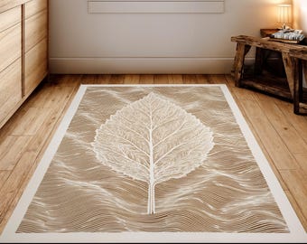 Minimal Leaf Rug - Washable Digital Rug With Brown And Beige Nature Design, Modern Botanical Line Art Rug