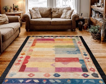 Colorful Boho Rug, Modern Rainbow Rug, Geometric Washable Rug, Vibrant Area Rug, Eclectic Living Room Rug, Artistic Statement Rug