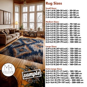 May include: A patterned rug in a living room, with blue and brown hues. The image displays rug sizes in inches and centimetres, from small to extra large. The image includes the text "sample" and the "RUGVERSE" logo.